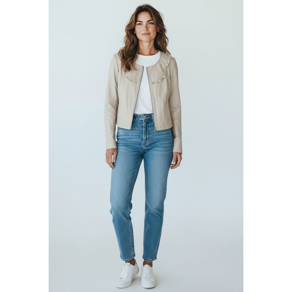 Hinge Leather Jacket Beige Ruffle Collar Zip Front Medium Buttery Soft Coquette